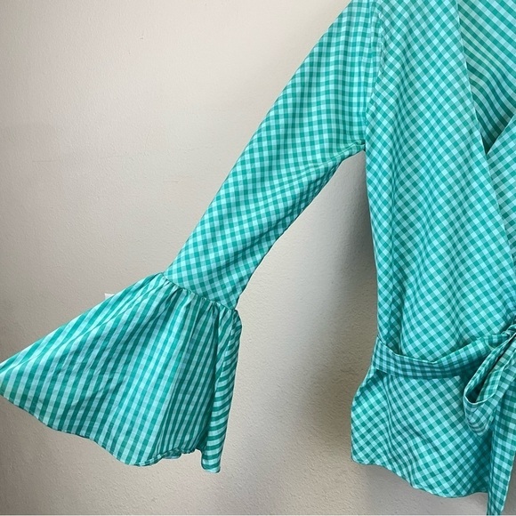 Ann Mashburn Gingham Long Bell Sleeves Wrap Blouse Size XS - Picture 3 of 9